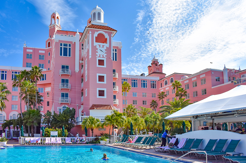 St. Pete Beach, Florida. January 25, 2019. Top view of The Don Cesar Hotel on lightblue cloudy sky background The Legendary Pink Palace of St. Pete Beach.