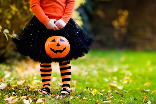 Little girl in witch costume playing in autumn park. Child having fun at Halloween trick or treat. Kids trick or treating. Toddler kid with jack-o-lantern. Children with candy bucket in fall forest.