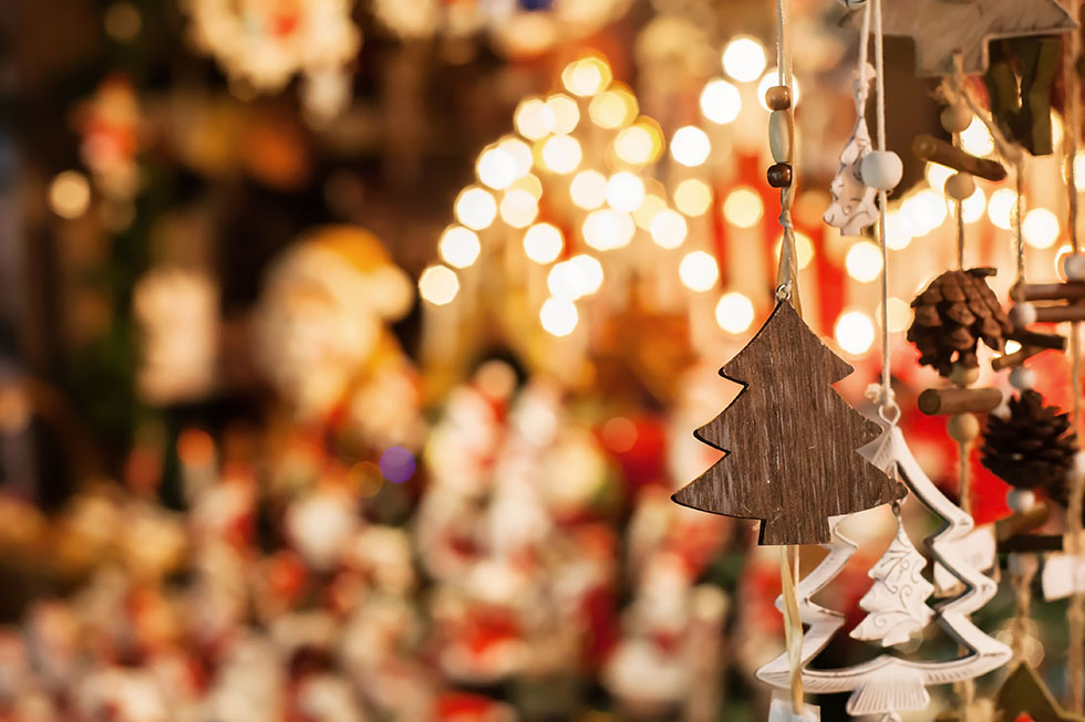 christmas decoration tree in the shop, winter street market in Europe